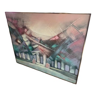 Vintage Large Postmodern Abstract 1980s Memphis Lee Reynolds Wall Art Canvas Oil Painting Brass Frame 80s For Sale