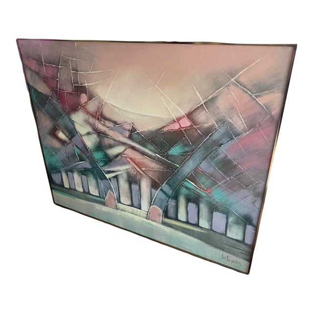 Vintage Large Postmodern Abstract 1980s Memphis Lee Reynolds Wall Art Canvas Oil Painting Brass Frame 80s For Sale