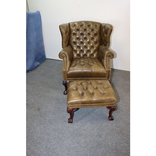 Leathercraft Chippendale Style Tufted Leather Wing Chair & Ottoman Chairish