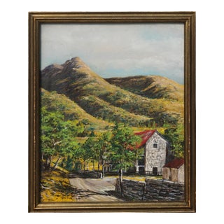 1950s Stone Barn in Foothills, Mid Century Pastoral Landscape Painting, Framed For Sale
