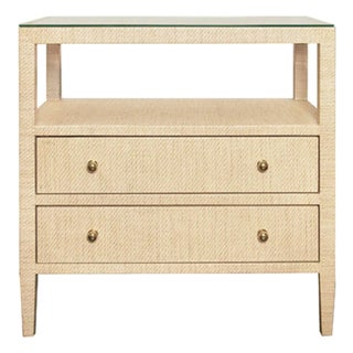Matthew Izzo Home Douglas Natural Grasscloth Two Drawer Side Table With Open Shelf, Glass Top, and Brass Knobs For Sale