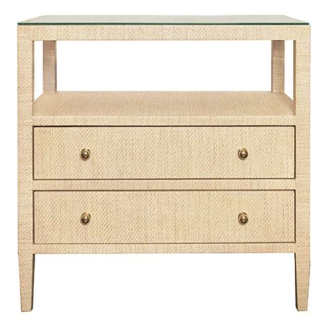 Matthew Izzo Home Douglas Natural Grasscloth Two Drawer Side Table With Open Shelf, Glass Top, and Brass Knobs For Sale