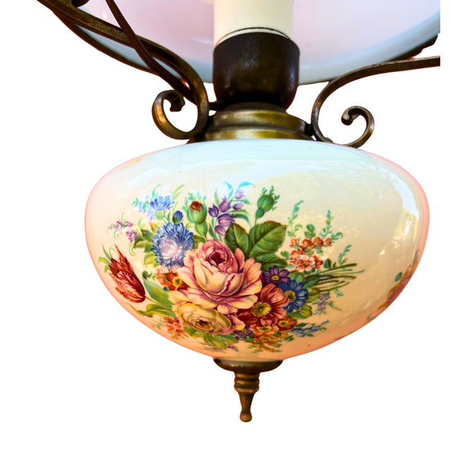 "A delightfully romantic French hanging lamp, combining the luminous beauty of pale blue opaline glass with a hand-...