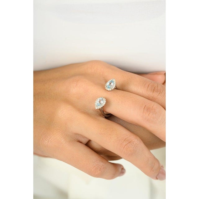 Metal Two Pear Shaped Blue Topaz Halo Diamond Open Ring Size 5 For Sale - Image 7 of 9