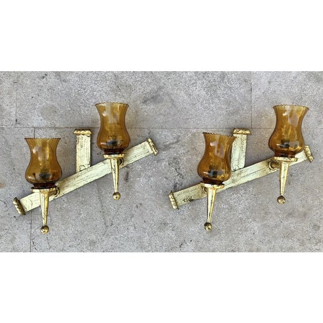 1960s Mid-20th-Century Iron and Colored Glass Wall Lights, 1960s, Set of 3 For Sale - Image 5 of 18