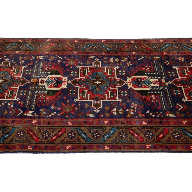 Blue Handmade Heriz Wool Rug With Geometric Pattern For Sale In New York - Image 6 of 10