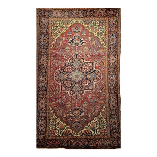 Early 1900s Persian Heriz Rug, Hand-Knotted Wool, Geometric Design, Red & Navy, 6x10 For Sale