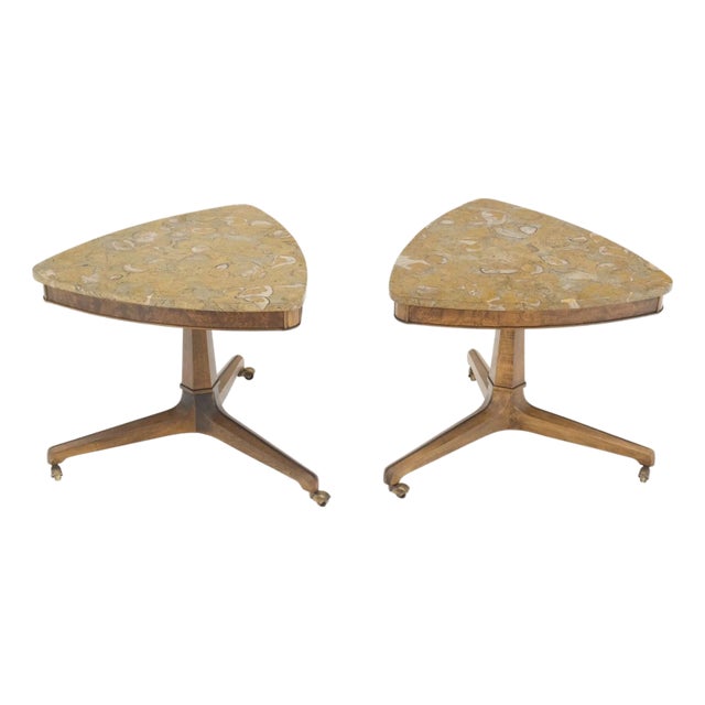 Pair Triangular Shape Marble Tops End Side Stands Lamp Tables Tomlinson Mint! For Sale