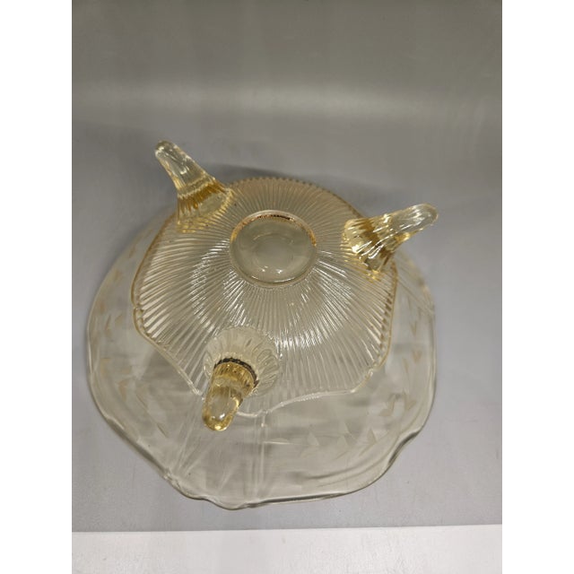 Lancaster Kay Yellow Fruit Bowl Vintage Depression Glass Footed Yellow Depression Glass 3 Footed Bowl With Etched Pattern For Sale - Image 4 of 4