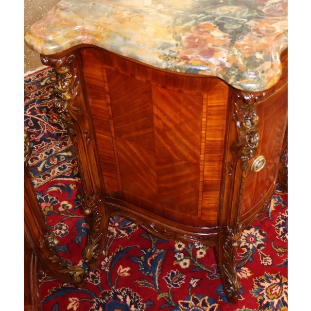Pair of French Louis XV Style Marble Top Kingwood Inlaid End Table Nightstands For Sale - Image 17 of 18