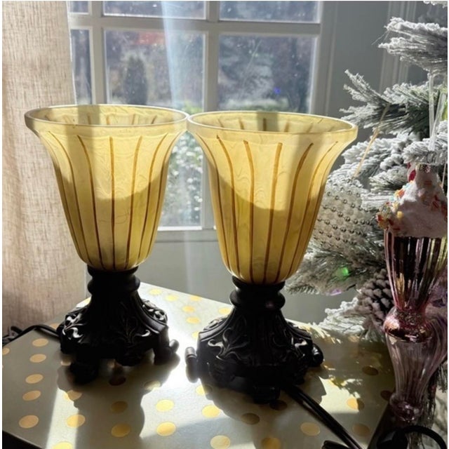 Vintage Ting Shen Hollow Light-Up Table Lamps Feature Amber-Yellow Ribbed Glass Shades - a Pair For Sale - Image 4 of 9