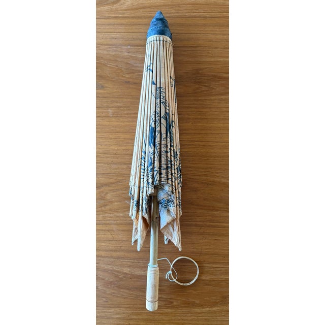 Vintage Japanese Hand Painted Bamboo and Paper Parasol For Sale - Image 11 of 12
