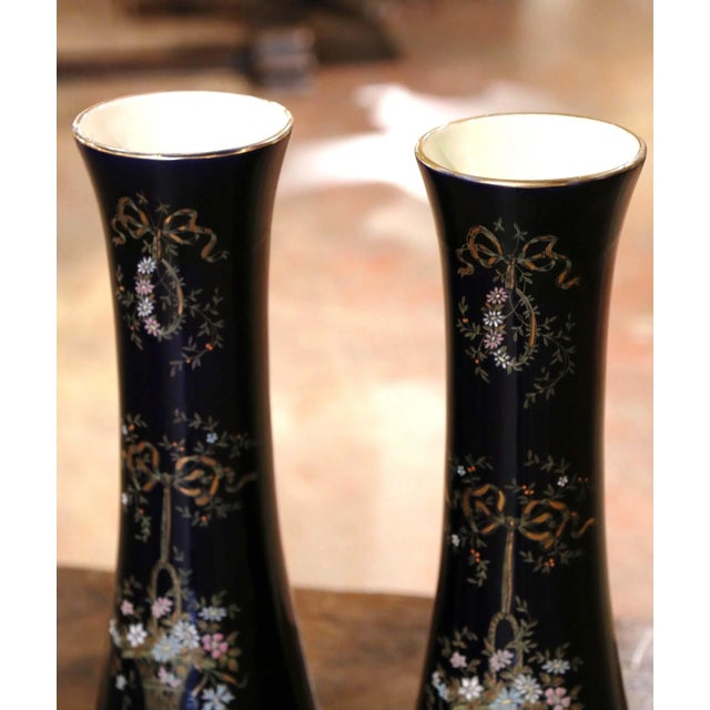 Ceramic Pair 19th Century French Neoclassical Painted and Gilt Porcelain Trumpet Vases For Sale - Image 7 of 13
