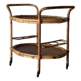 1960s Italian Bamboo Rattan Bar Cart For Sale
