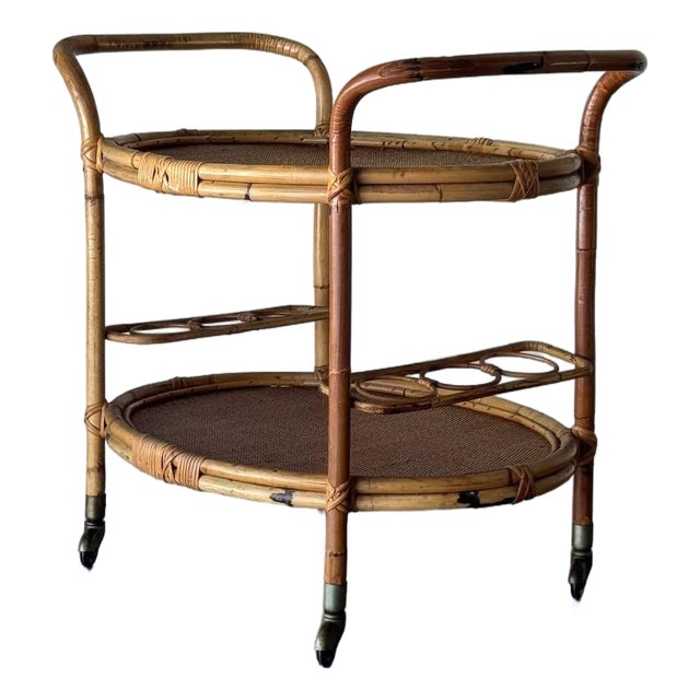 1960s Italian Bamboo Rattan Bar Cart For Sale