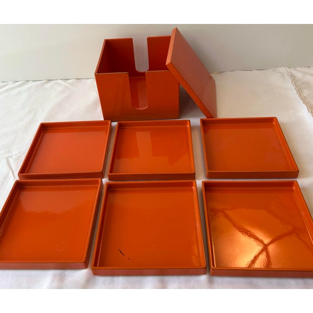 Plastic Vintage Japanese Orange Lacquerware Coaster Set - 6 pcs with Box For Sale - Image 7 of 9