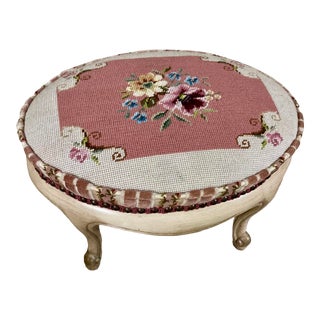 1920s Antique French Footstool With Needlepoint Top For Sale