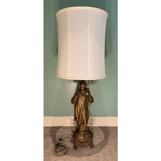Vintage Figural Brass Lamp With Drum Shade For Sale - Image 12 of 12