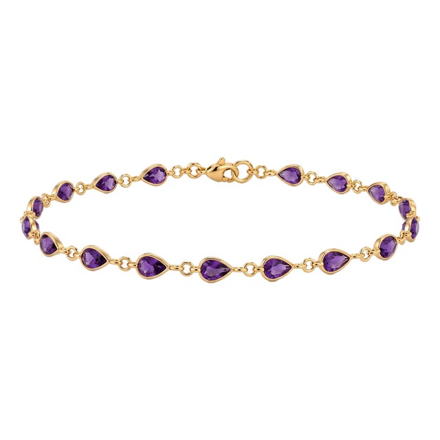 Purple Amethyst Teardrop Bracelet | Bezel Set Gemstone Chain Link Bracelet | Dainty February Birthstone Bracelet For Sale
