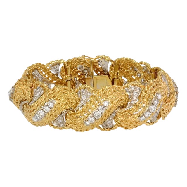 Estate 6.5ct Diamond 18k Two Tone Gold Curved Dome Link Bracelet For Sale