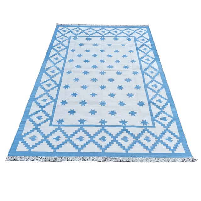 Handmade Cotton Vegetable Dyed Sky Blue and White Star Patterned Diamond Rug - 8'x10' For Sale - Image 9 of 11