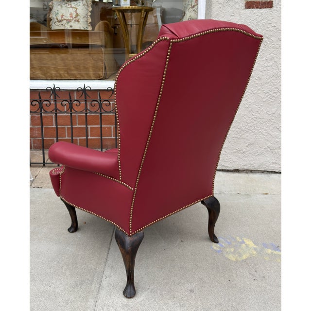 19th Century Antique Queen Anne Red Tufted Leather Wingback Chair & Ottoman For Sale - Image 5 of 8