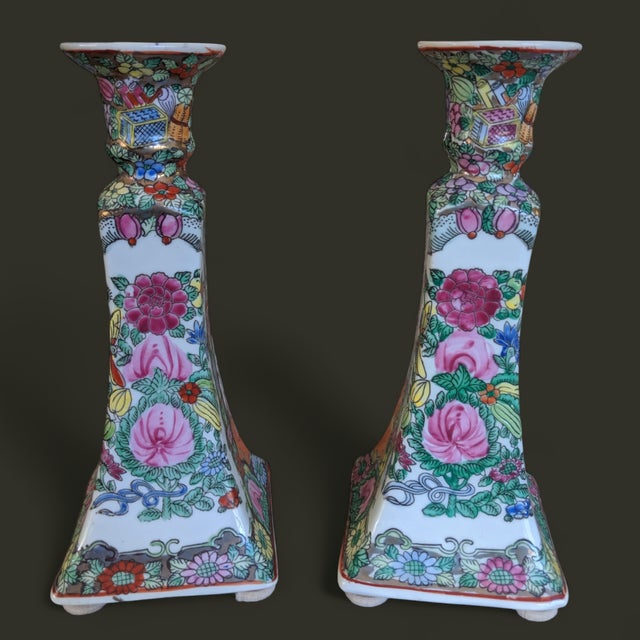 Rose Vintage Chinoiserie Rose Medallion Porcelain Hand Painted Candle Holders -a Pair For Sale - Image 8 of 12