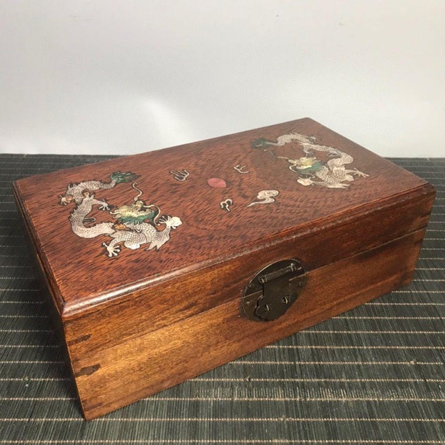 Vintage Chinese Rosewood Box With Mother of Pearl "Two Dragons" Inlay For Sale - Image 4 of 9