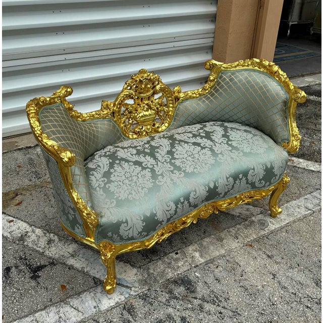 French Style Blue Small Settee Gold Details For Sale - Image 4 of 8