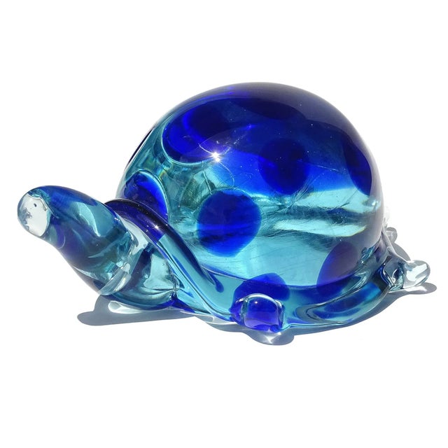 Glass Vintage Murano Salviati Glowing Light and Dark Blue Spots Italian Art Glass Abstract Turtle Figure Sculpture For Sale - Image 7 of 10