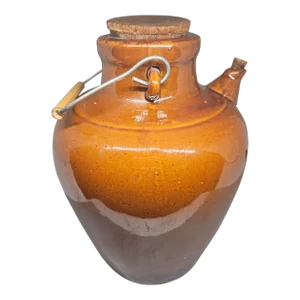 Antique Brown Glazed Stoneware Jug With Wire Handle
