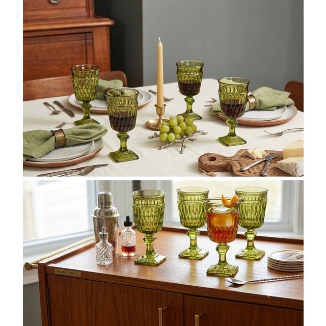 Elevate your tabletop with this vibrant set of six vintage Mid-Century Modern pressed glass goblets, featuring a striking...
