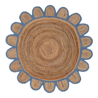 French Blue Round Jute Scallop Rug - 5'x5' For Sale