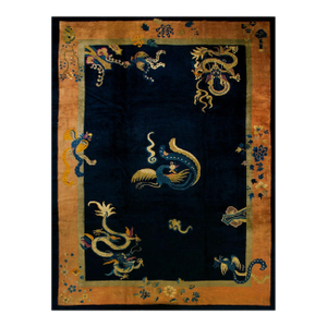 Excellent Navy Blue Color and Salmon Color Border With Antique Dragon Design Chinese Peking Rug