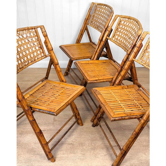 Vintage 1970s Coastal Rattan Bamboo Folding Bistro Chairs - Set of 4 For Sale - Image 9 of 12