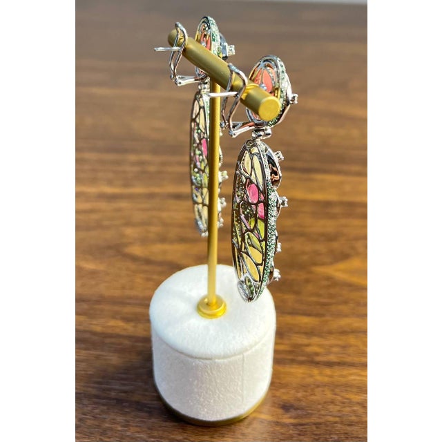 Unique Multi Color Sapphire Emerald Diamonds 18k White Gold Statement Earrings, A Pair For Sale - Image 11 of 11