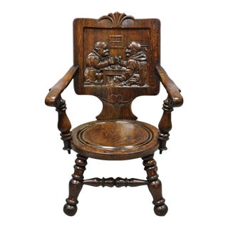 Antique English Figural Carved Oak Pub Chair With Monks in Bar Scene For Sale