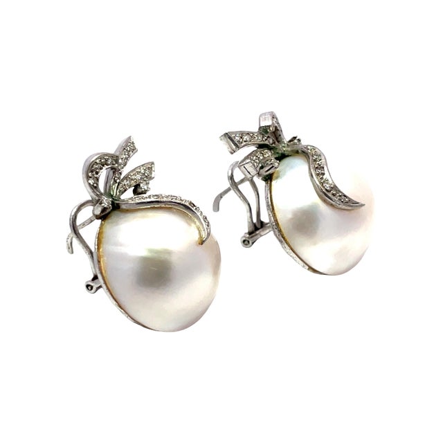 Modern Large Pearl Earrings With Diamond Bow Tops in Silver, A Pair For Sale - Image 3 of 4