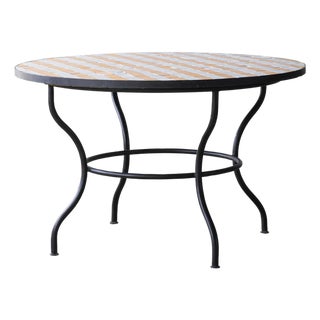 Matthew Izzo Home 48" Round Yellow and White Striped Moroccan Zellige Tile Bistro Table on Iron Base For Sale