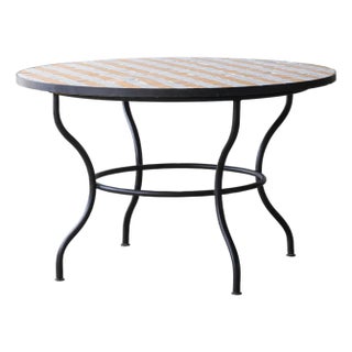 Matthew Izzo Home Moroccan Zellige Yellow and White Striped Tile and Iron Base 48" Round Bistro Table For Sale