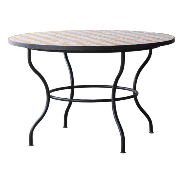 Matthew Izzo Home Moroccan Zellige Yellow and White Striped Tile and Iron Base 48" Round Bistro Table For Sale