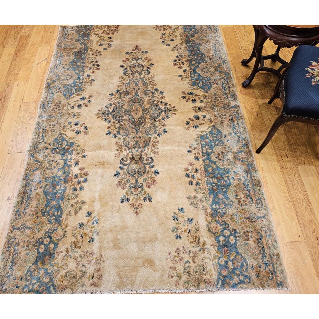 Textile Vintage Persian Kerman Rug, Hand-Knotted Wool, Floral Pattern, Ivory & Blue, 5x7 For Sale - Image 7 of 15