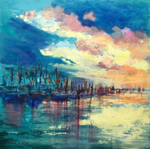 Original Landscape Painting Boats Acrylic Sailboats Wall Decor by Valeriya Serova