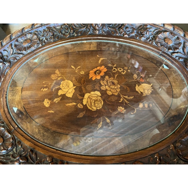 19th Century Oval Victorian/ Renaissance Style Hand Carved Table With Inlay For Sale - Image 9 of 11