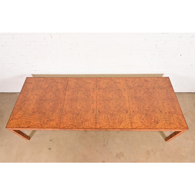 1970s Milo Baughman Style Burl Wood Parsons Extension Dining Table, Newly Refinished For Sale - Image 5 of 15