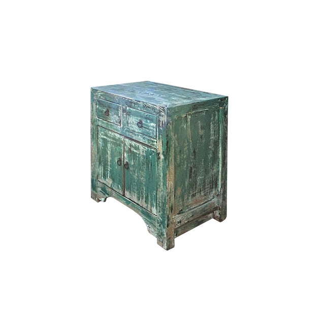 Bring a touch of Eastern charm to your home with this Oriental Distressed Teal Blue Green End Table Nightstand Chest. The...