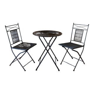 Vintage Iron Folding Bistro Set With Table and Two Chairs For Sale