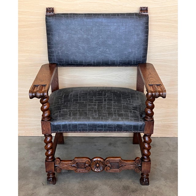 19th Spanish Carved Walnut Armchair with New Black Leather and Solomonic Columns For Sale - Image 17 of 18
