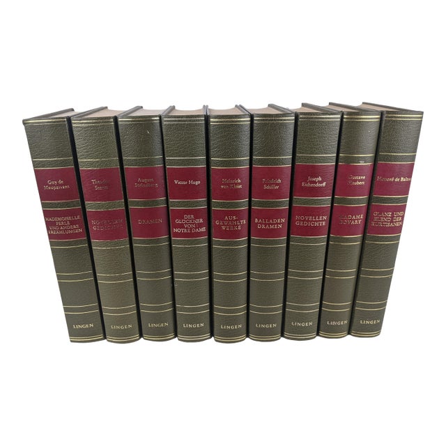 Vintage Olive Green, Burgundy & Gold German Literary Classics by Lingen – Set of 9 For Sale