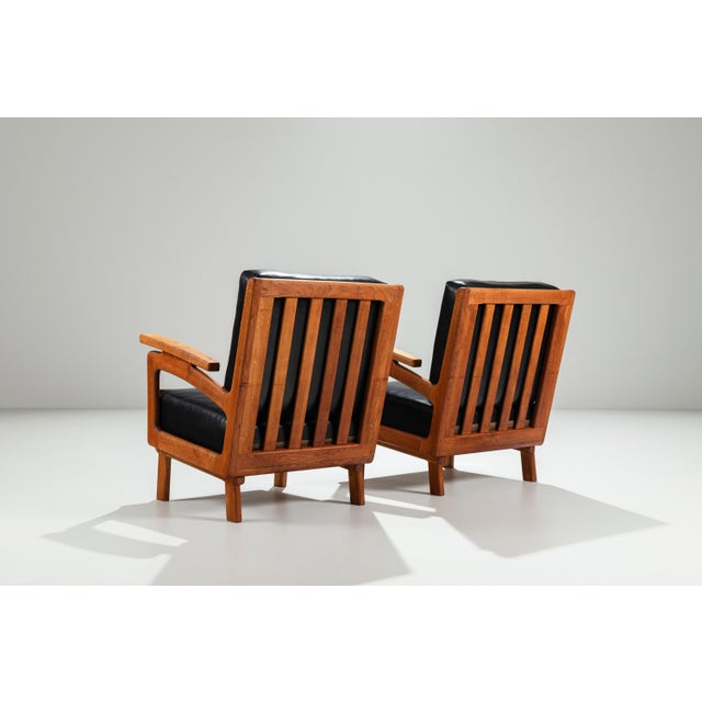 1960s Belgian Lounge Chairs in Oak with Leather Cushions, 1960s, Set of 2 For Sale - Image 5 of 17